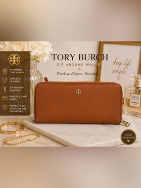 Tory Burch Cognac Brown Leather Zip Around Wallet Long Clutch Gold Logo .